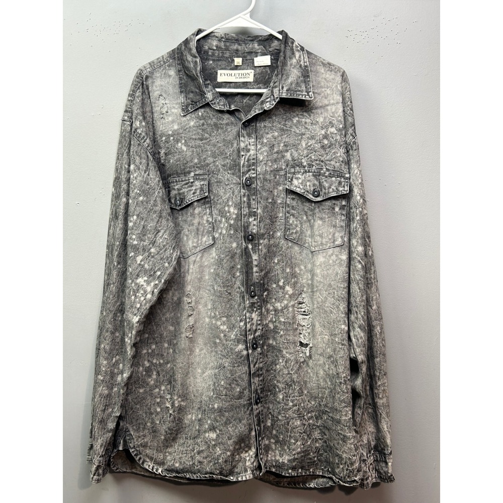 Evolution In Design Shirt Mens 3XL Gray Acid‎ Wash Distressed Long Sleeve Button